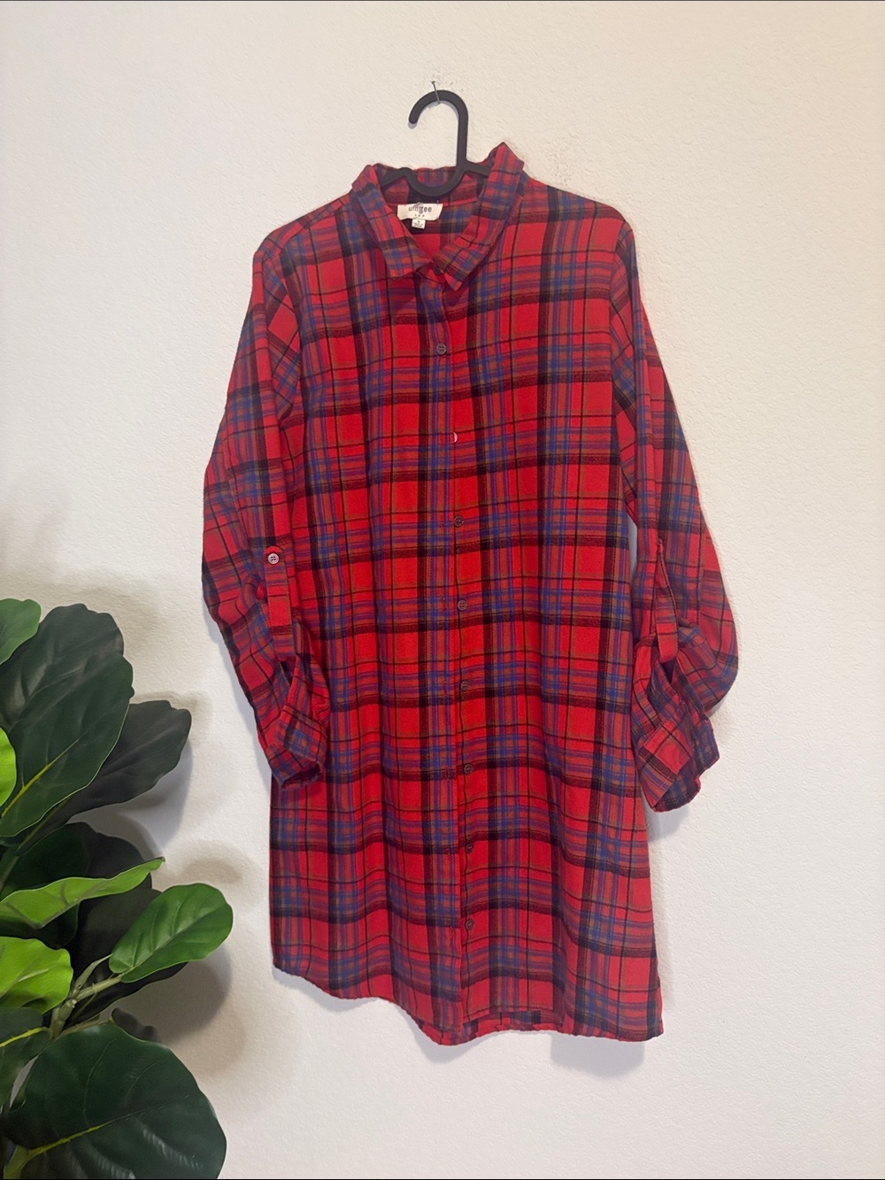 Umgee Red Plaid Long Sleeve button up Shirt Dress small